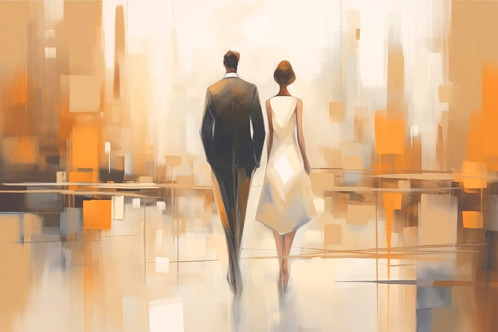 Man and woman walking down a street
