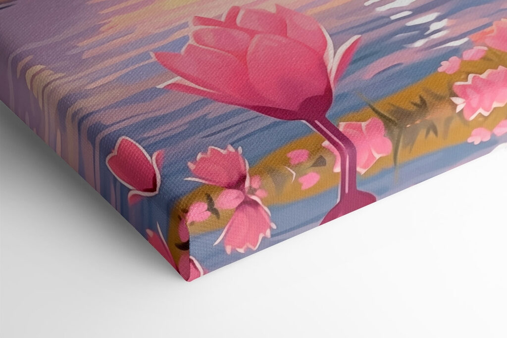 Pink flowers next to a lake