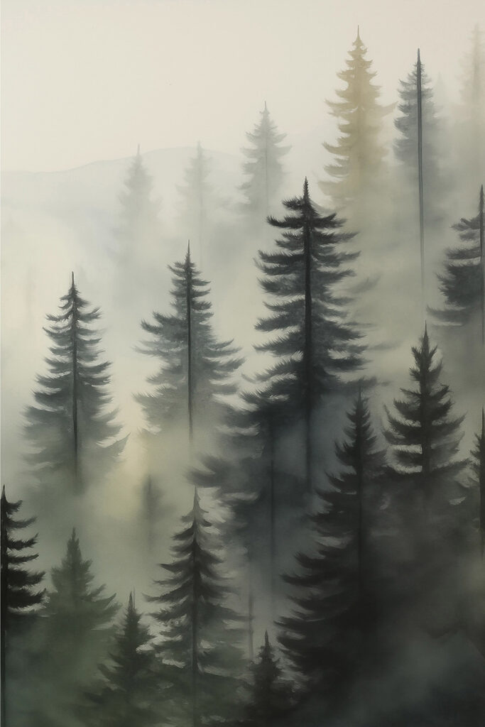 Foggy forest with trees