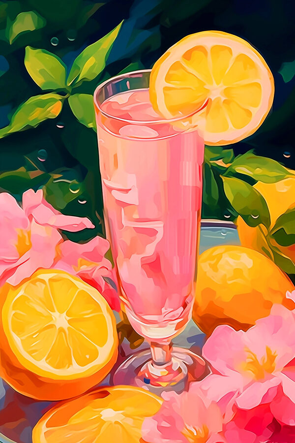 Sklenice růžové tekutiny s citrony a květy Sklenice růžové tekutiny s citrony a květy