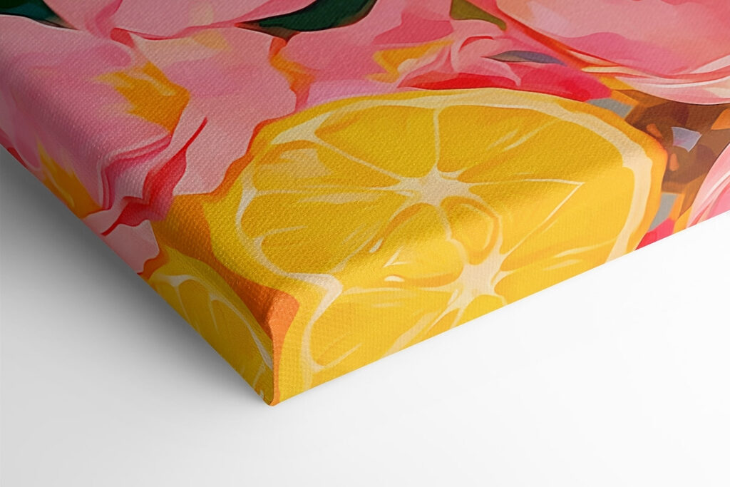 Glass of pink liquid with lemons and flowers