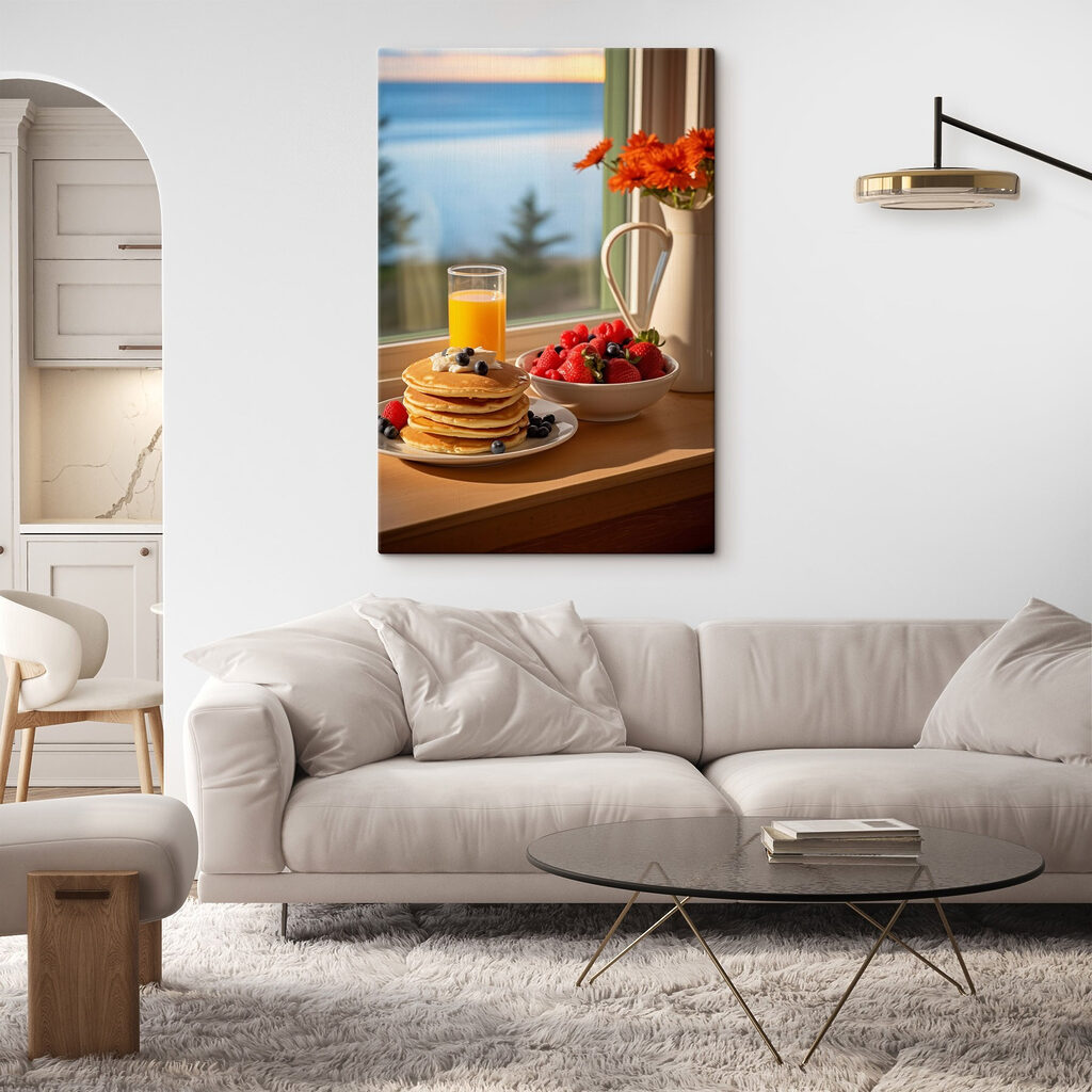 Stack of pancakes with berries and a glass of juice on a table