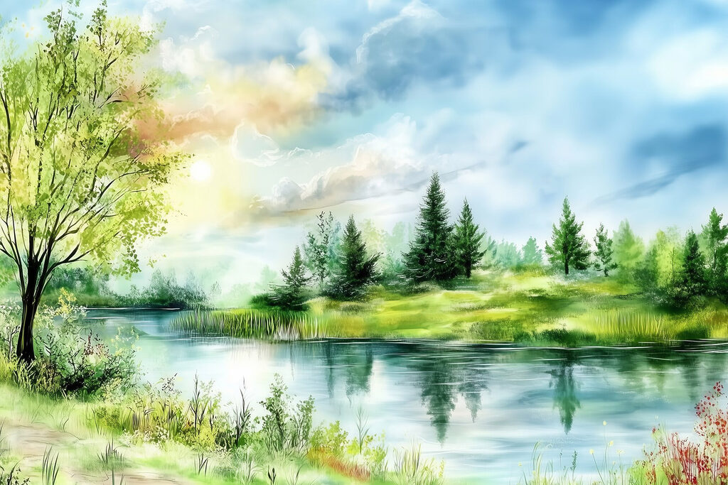 Watercolor painting of a lake with trees and grass