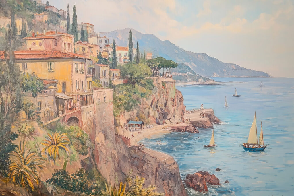Painting of a town on a cliff by the water