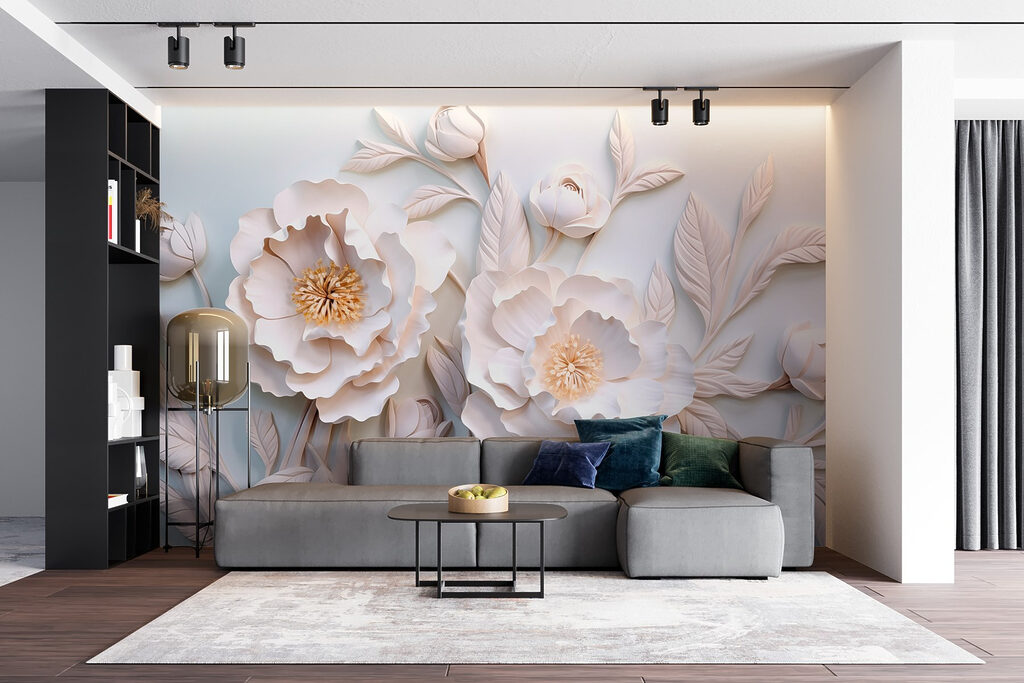 White flowers and leaves on a white surface