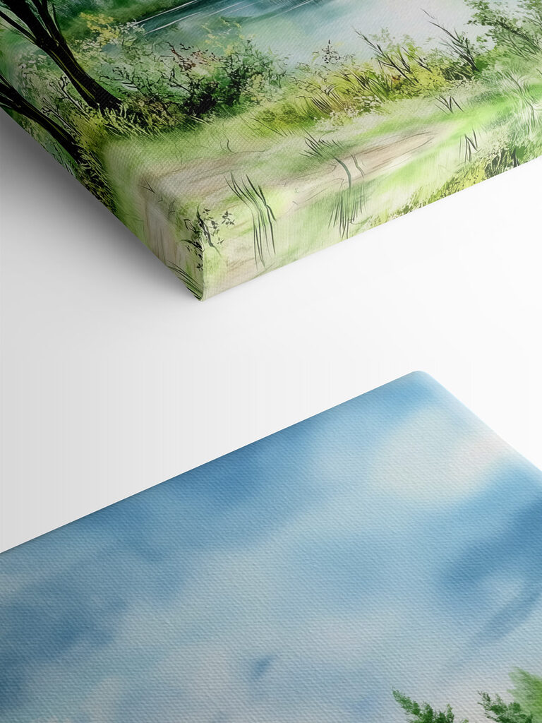 Watercolor painting of a lake with trees and grass