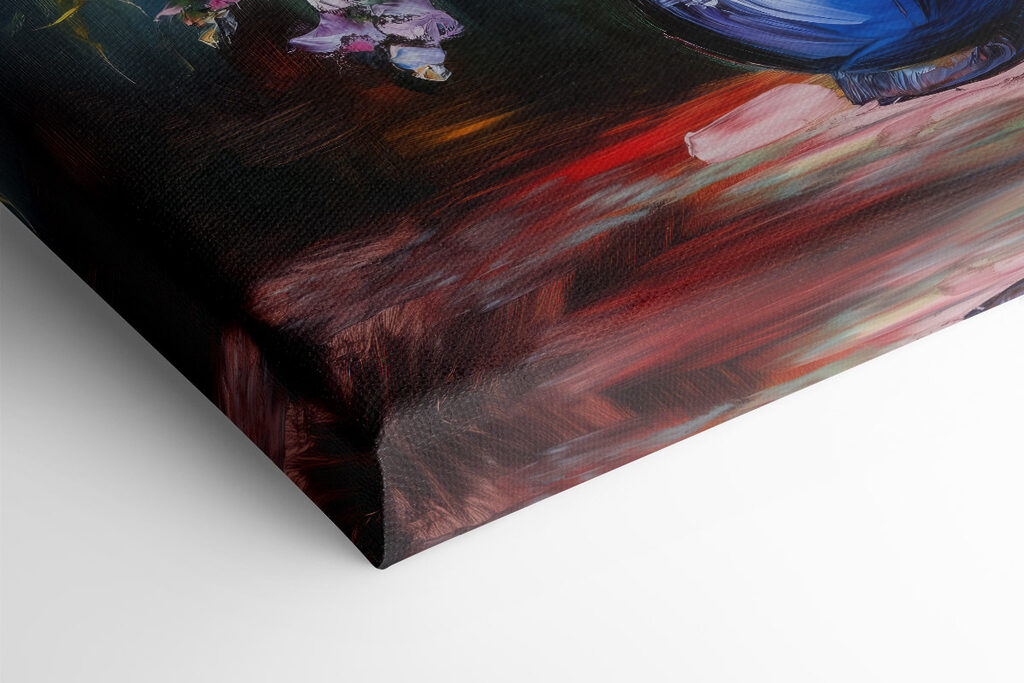 Painting of flowers in a blue vase