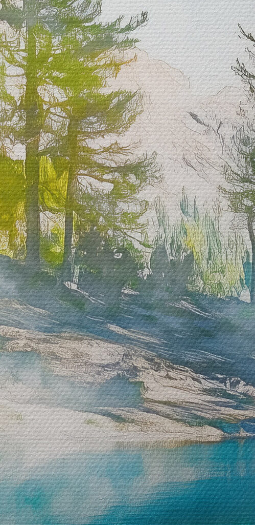 Water with trees and mountains in the background