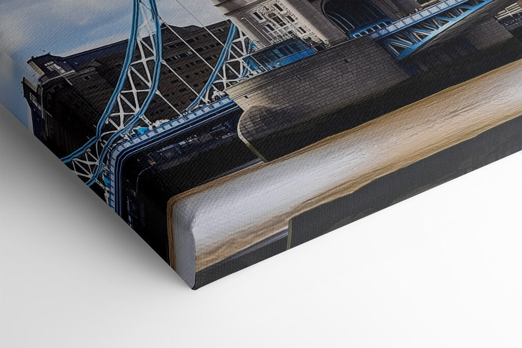 Bridge over water with towers and flags