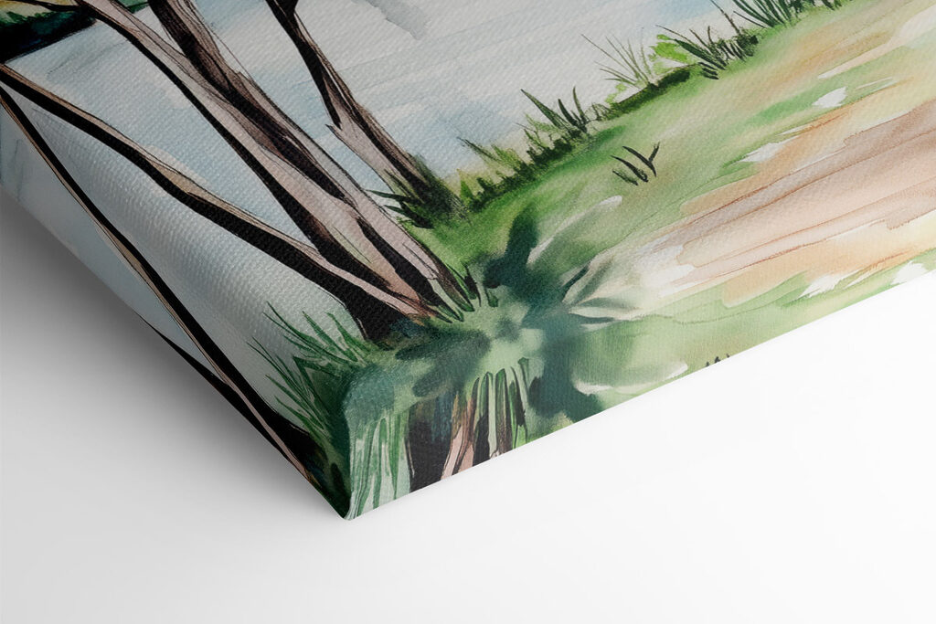 Watercolor of a lake with trees and grass