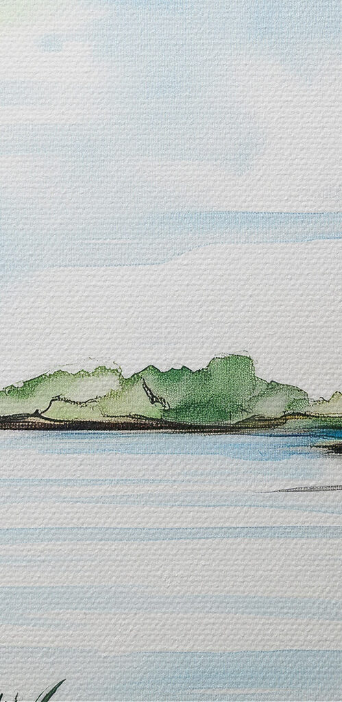 Watercolor of a lake with trees and grass