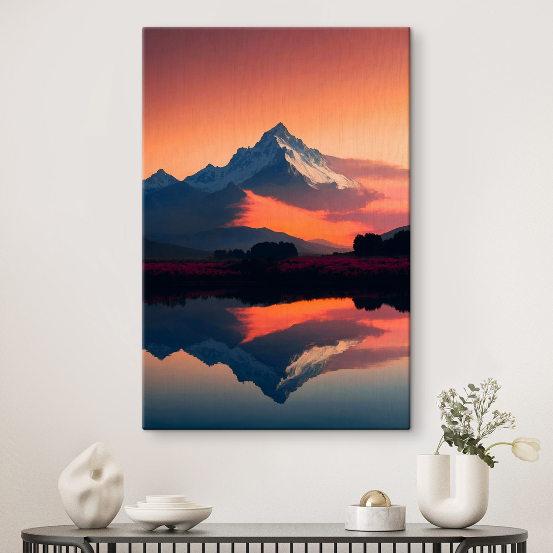 Mountain range with flowers and a lake