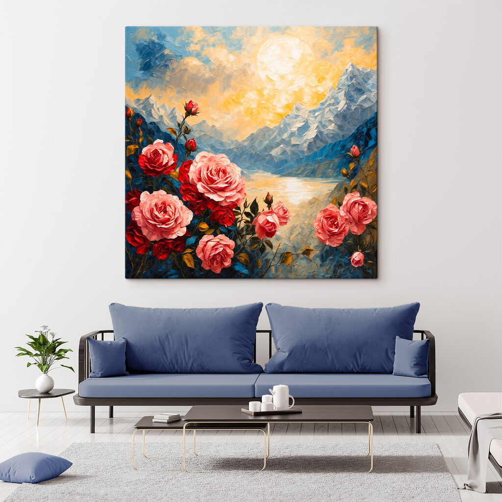 Painting of flowers and mountains