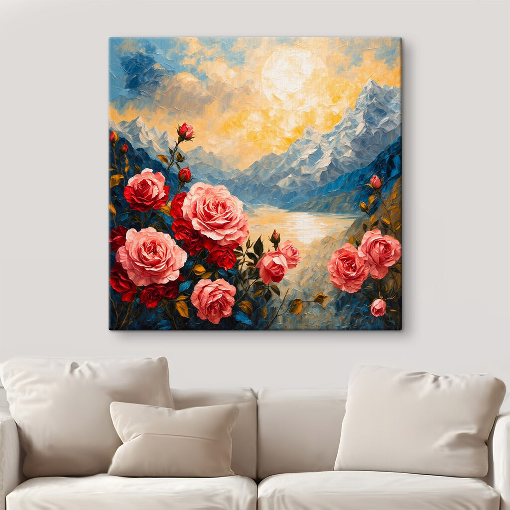 Painting of flowers and mountains