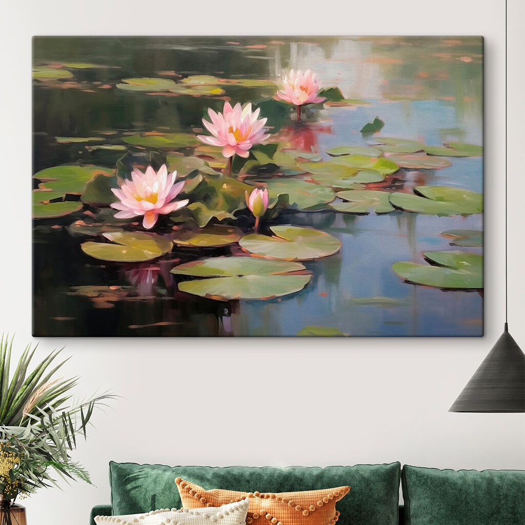 Group of pink flowers on lily pads