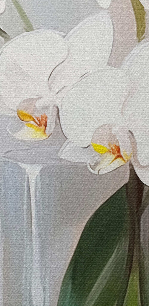 Painting of a white orchid in a glass vase