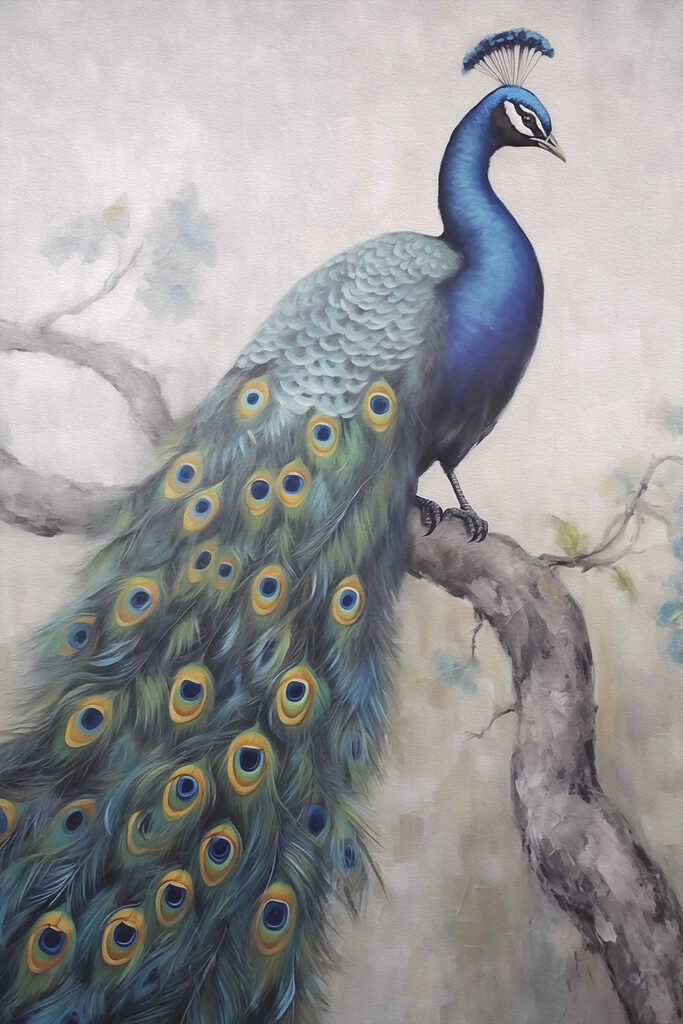 Painting of a peacock on a branch