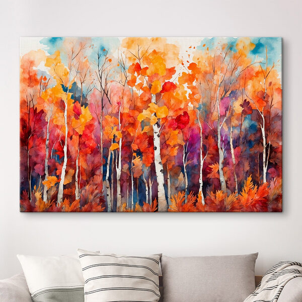 Watercolor painting of trees with orange and purple leaves