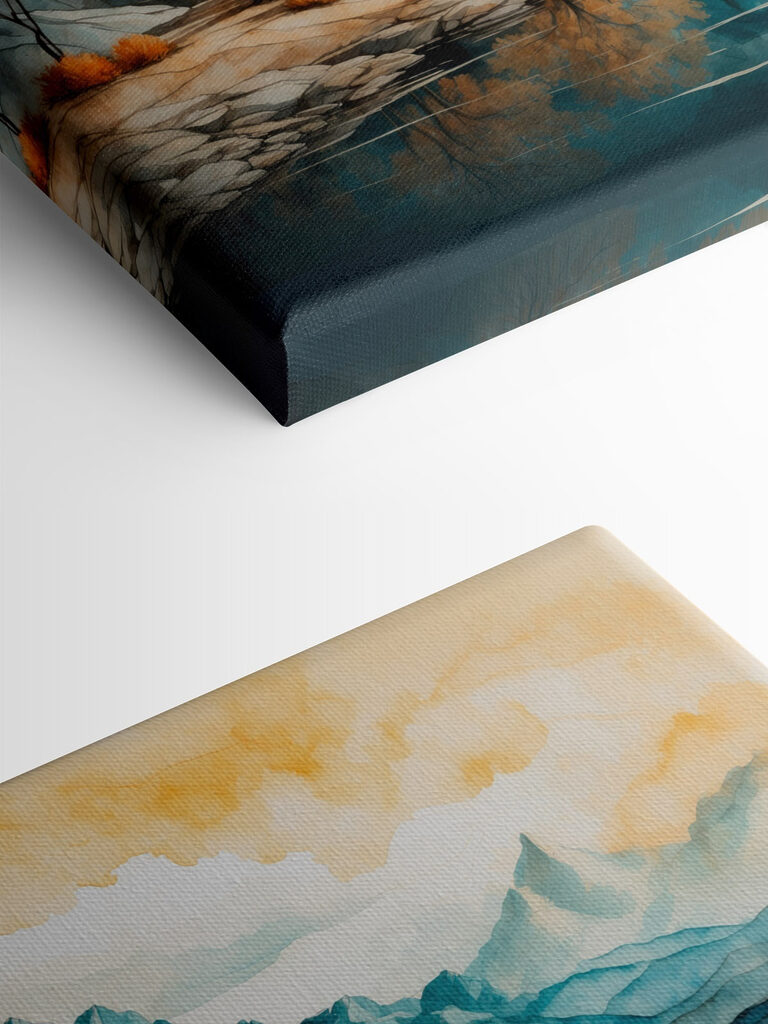 Watercolor painting of a lake with trees and mountains