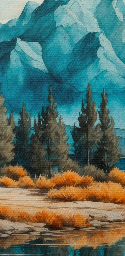 Watercolor painting of a lake with trees and mountains