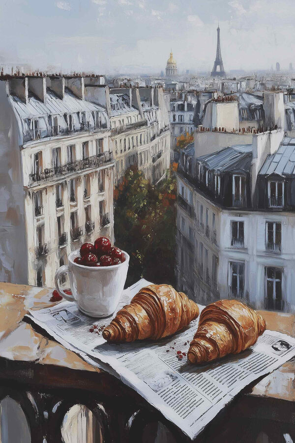 Šálek kávy a croissanty na stole s budovami v pozadí Šálek kávy a croissanty na stole s budovami v pozadí