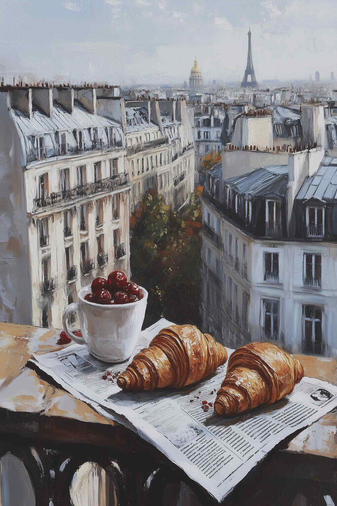 Cup of coffee and croissants on a table with buildings in the background