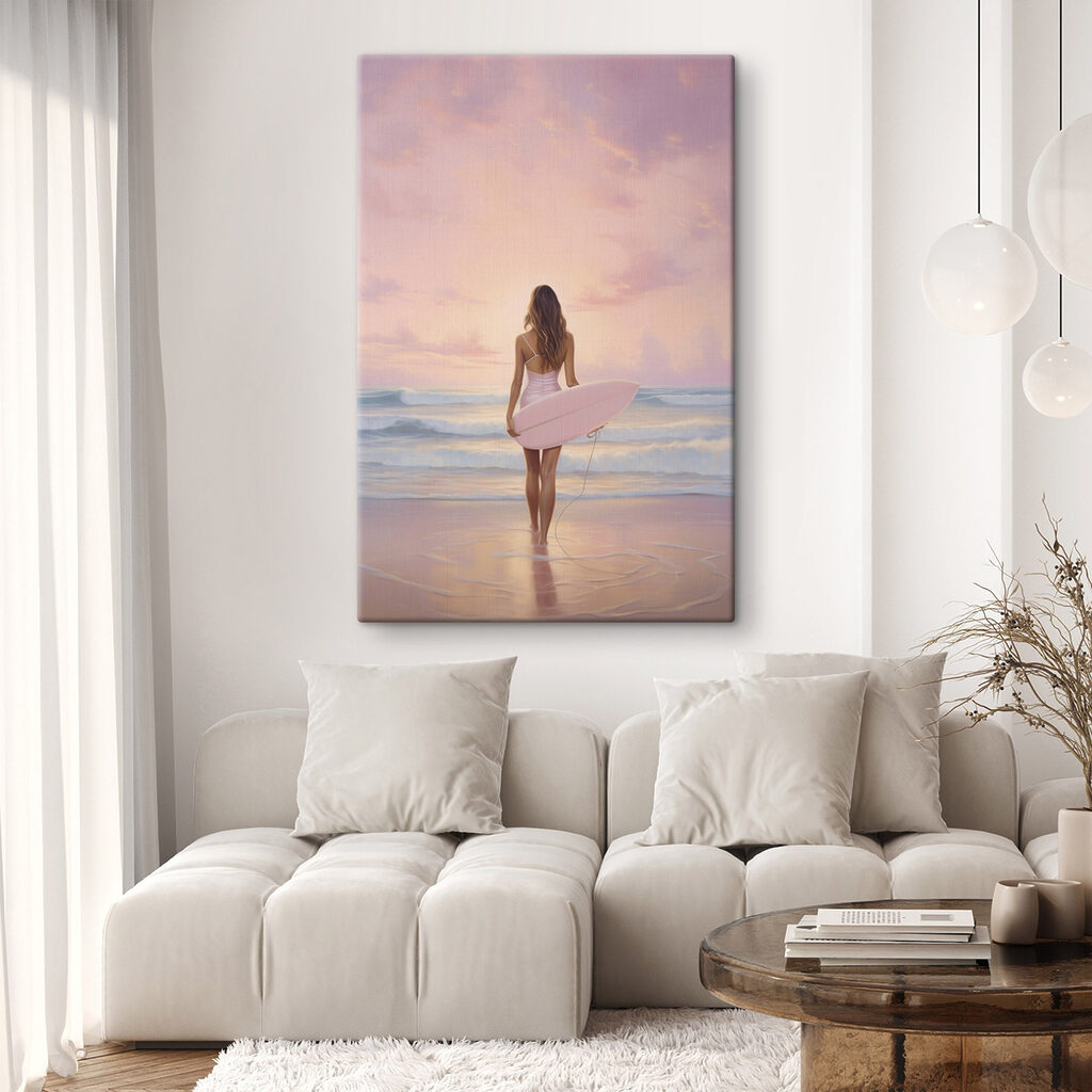 Woman in a swimsuit holding a surfboard on a beach