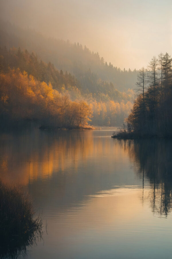 Jezero se stromy a horami v pozadí Jezero se stromy a horami v pozadí