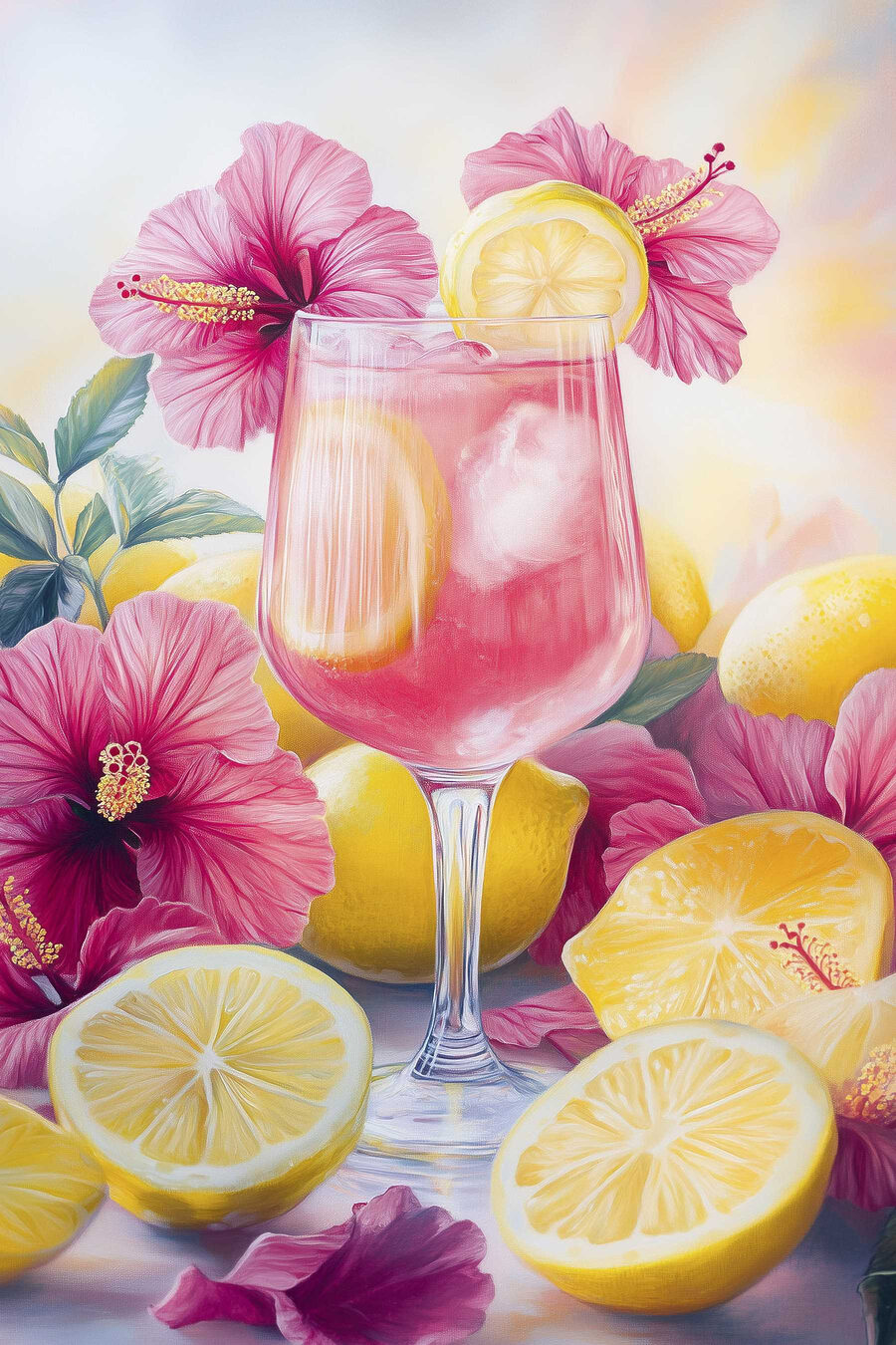 Sklenice růžového nápoje s citrony a květinami Sklenice růžového nápoje s citrony a květinami