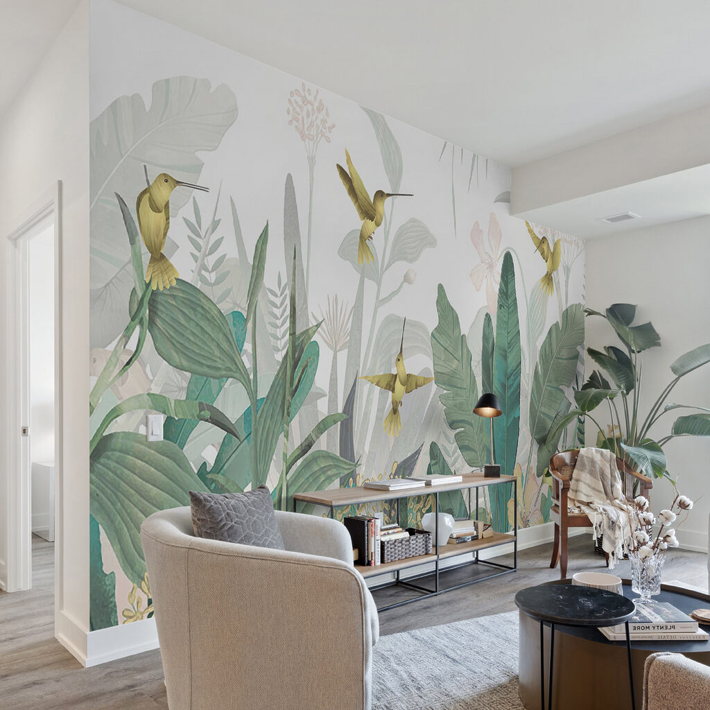 Hummingbirds flying over plants