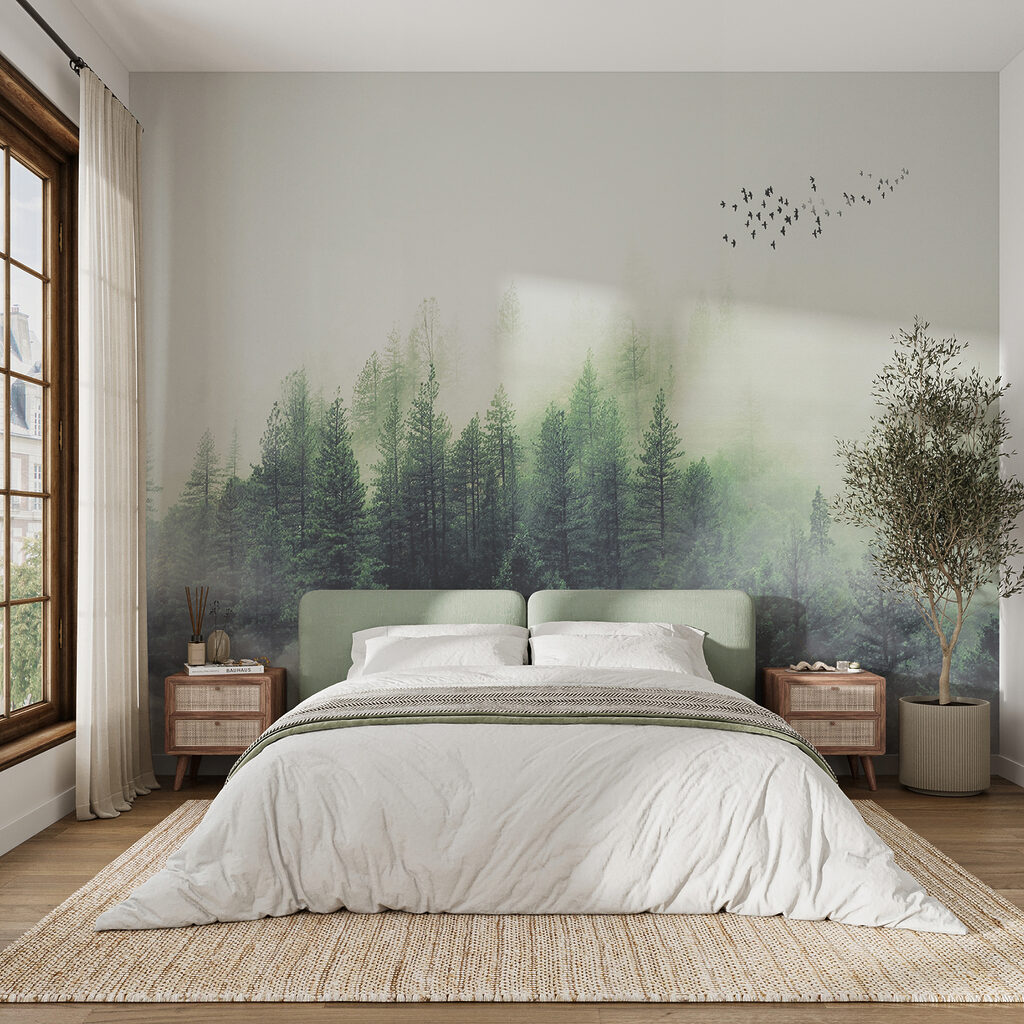 Birds flying over a forest