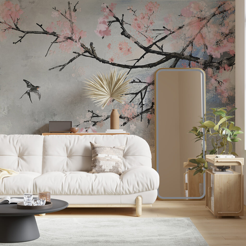 Tree branch with pink flowers and birds flying Tree branch with pink flowers and birds flying