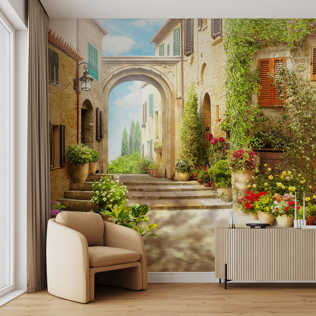 Stone building with a door and a doorway with plants in pots Stone building with a door and a doorway with plants in pots