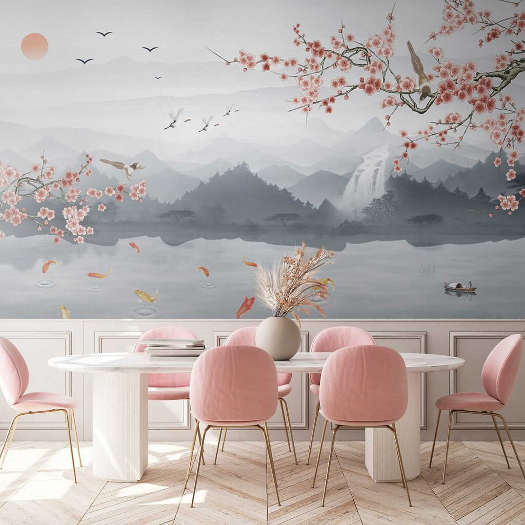 Painting of a river with a waterfall and birds Painting of a river with a waterfall and birds