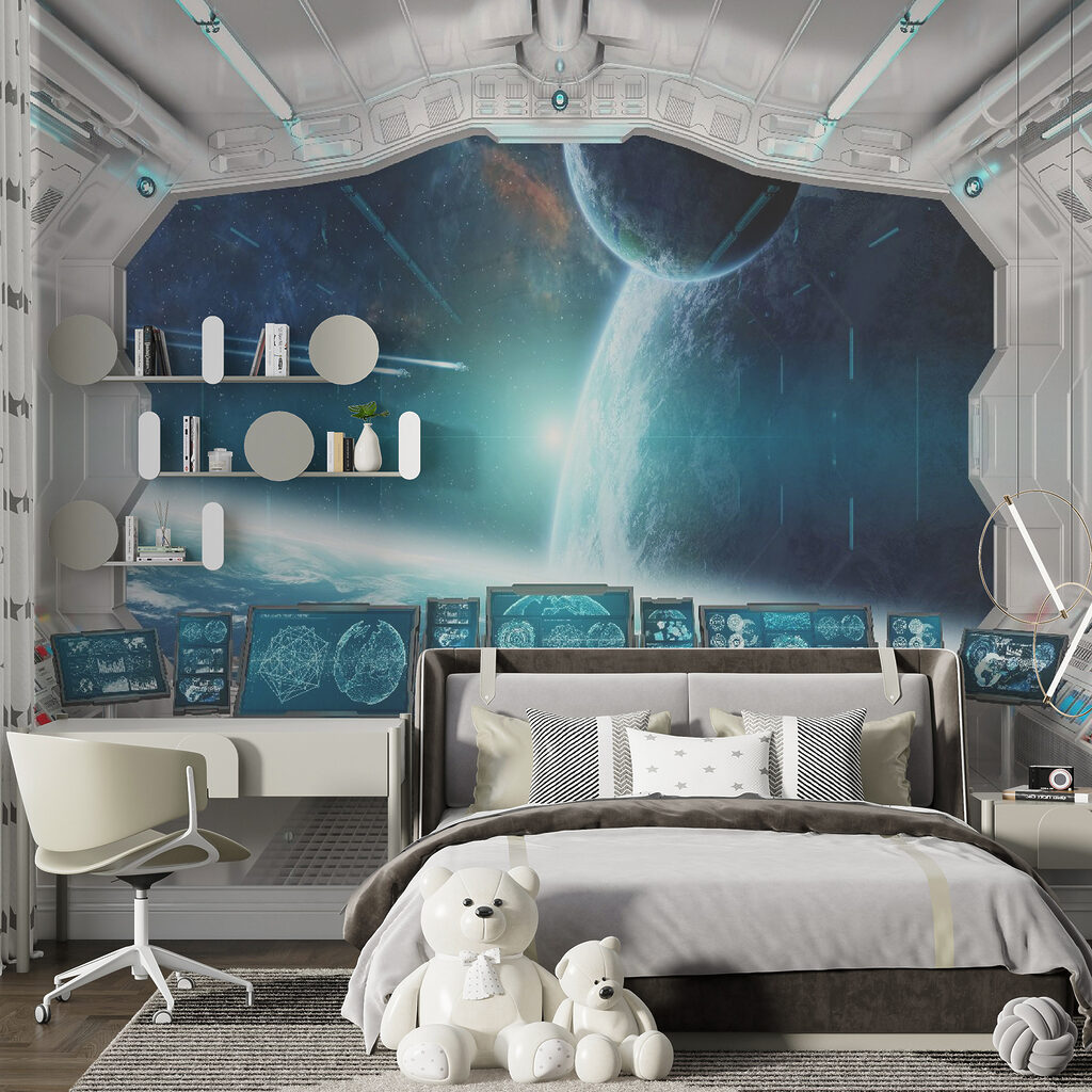 Room with screens and a view of earth from the window Room with screens and a view of earth from the window