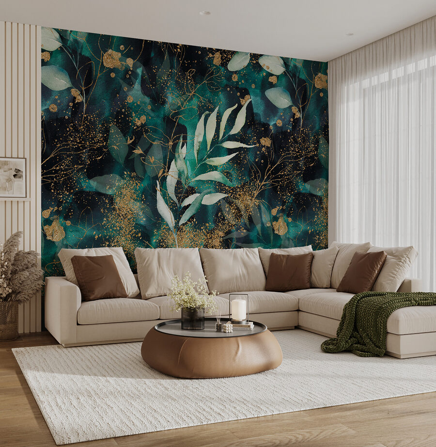 Fototapeta Elegantní tealové listy s třpytivými akcenty. - Image 3