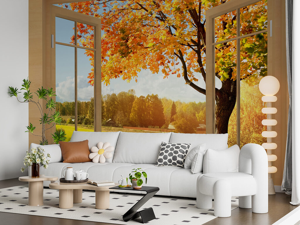 Window with trees and a river