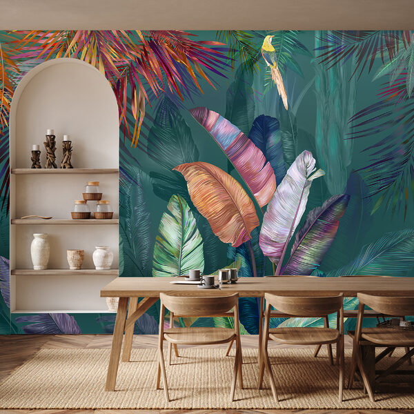 Colorful tropical leaves and birds