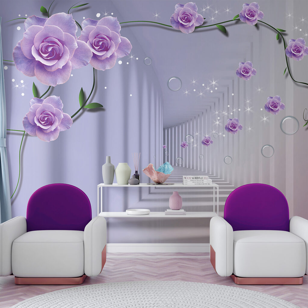 Wallpaper with purple roses and a staircase