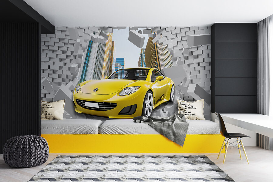 Žluté auto ve zdi z cihel Žluté auto ve zdi z cihel