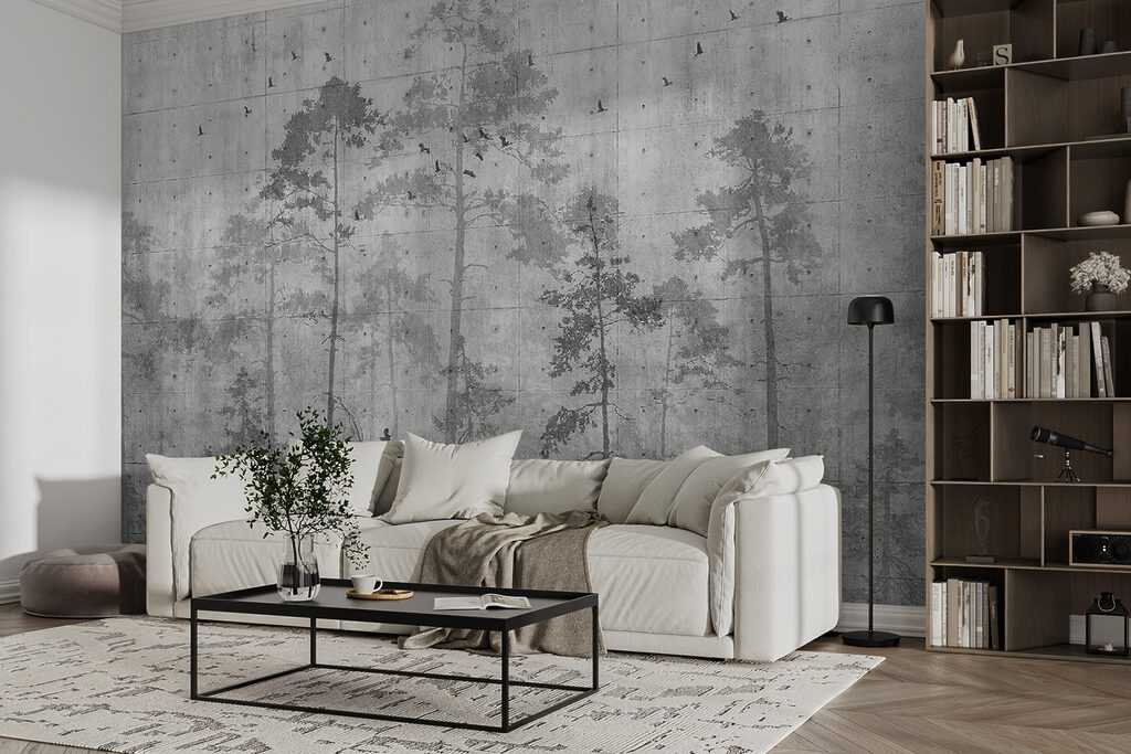 Grey wall with trees and birds