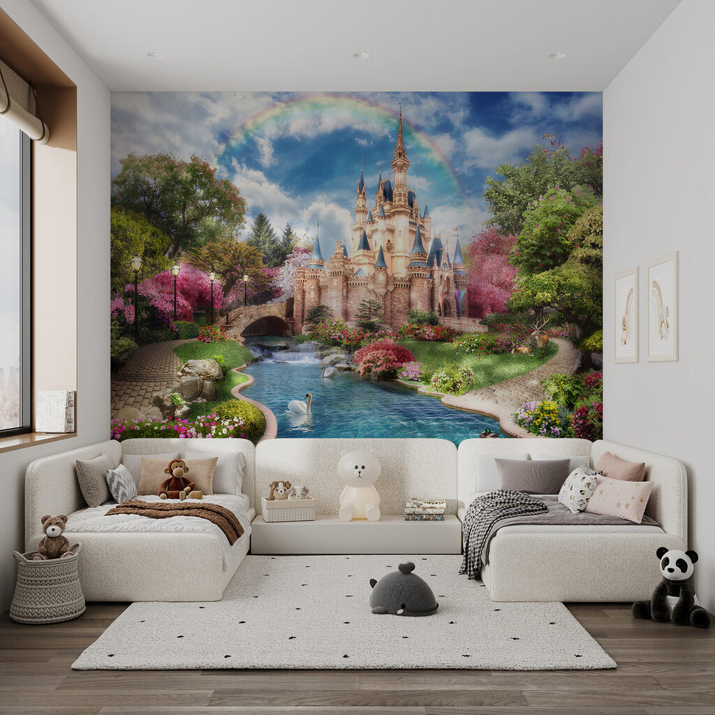 Castle with a pond and a rainbow Castle with a pond and a rainbow