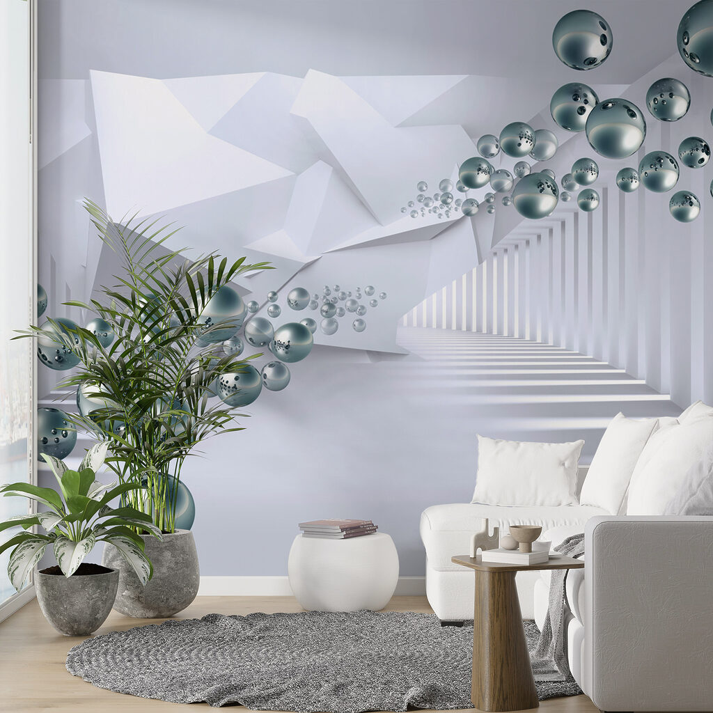 White room with white walls and white columns and silver balls