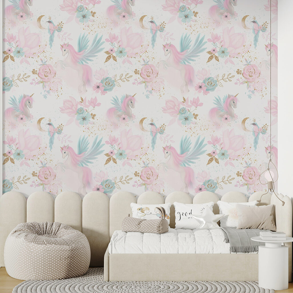 Pattern of pink and blue unicorns and flowers Pattern of pink and blue unicorns and flowers