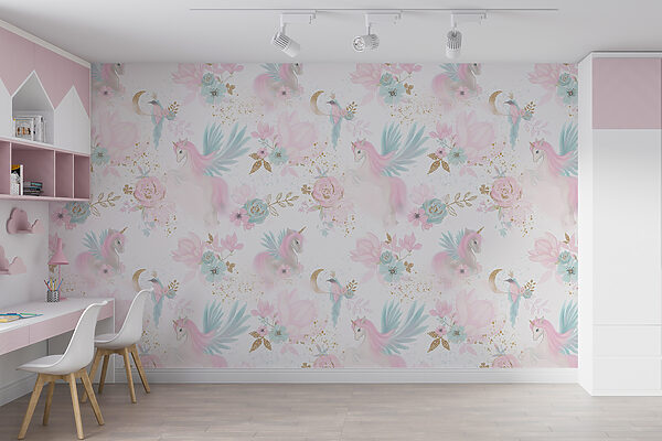 Pattern of pink and blue unicorns and flowers Pattern of pink and blue unicorns and flowers