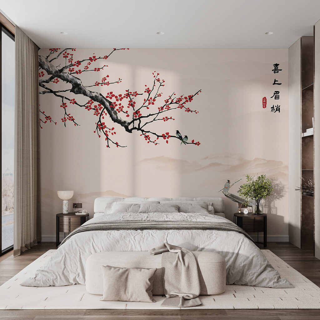 Tree branch with red flowers and a man on a boat Tree branch with red flowers and a man on a boat