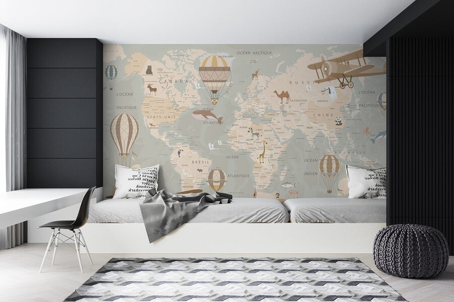 Mapa světa s letadly a horkovzdušnými balóny
