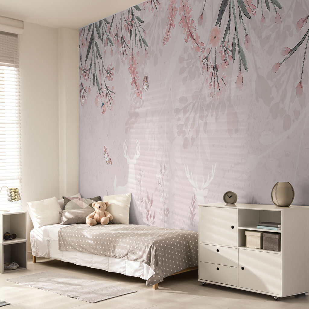 White deer and butterflies and flowers