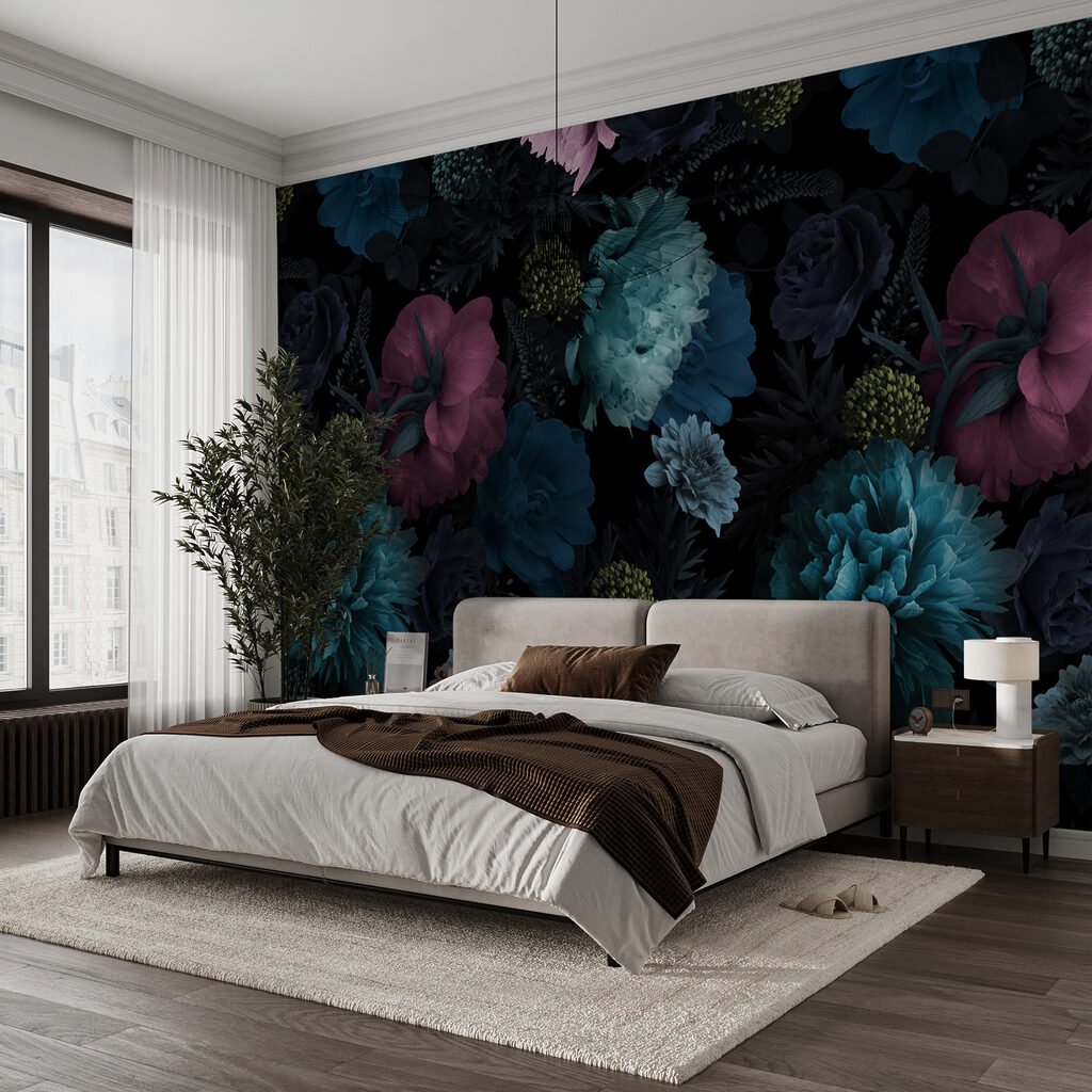 Vibrant floral pattern on black background