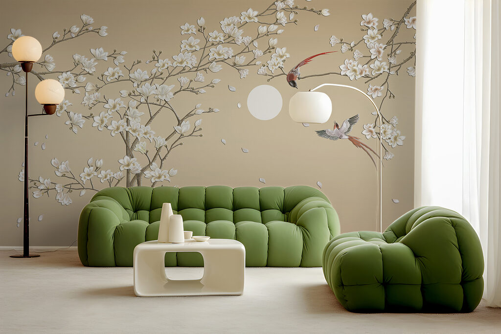 Tree with white flowers and birds